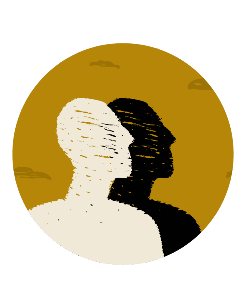 An illustration of the silhouette of two people side by side. One is a light color, representing company culture and the other is colored dark representing the shadow side of the company culture.