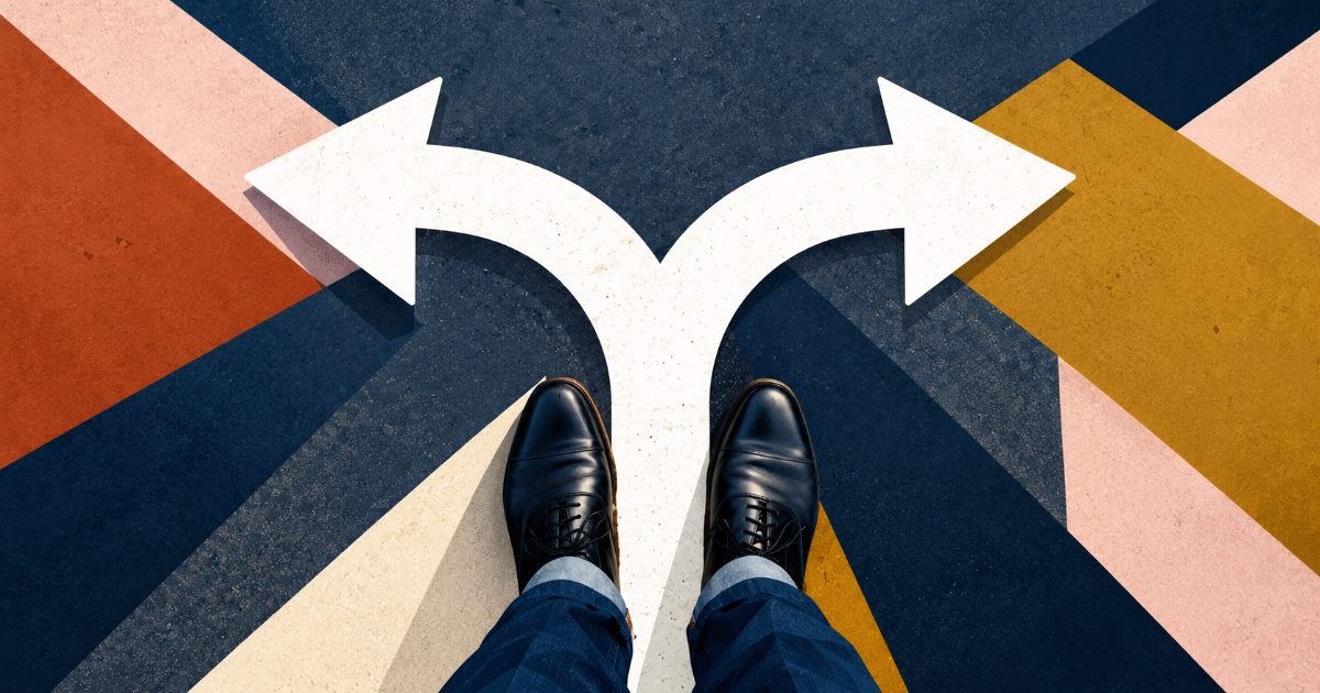 Illustration looking down at a pair of dress shoes standing where a white arrow splits left and right