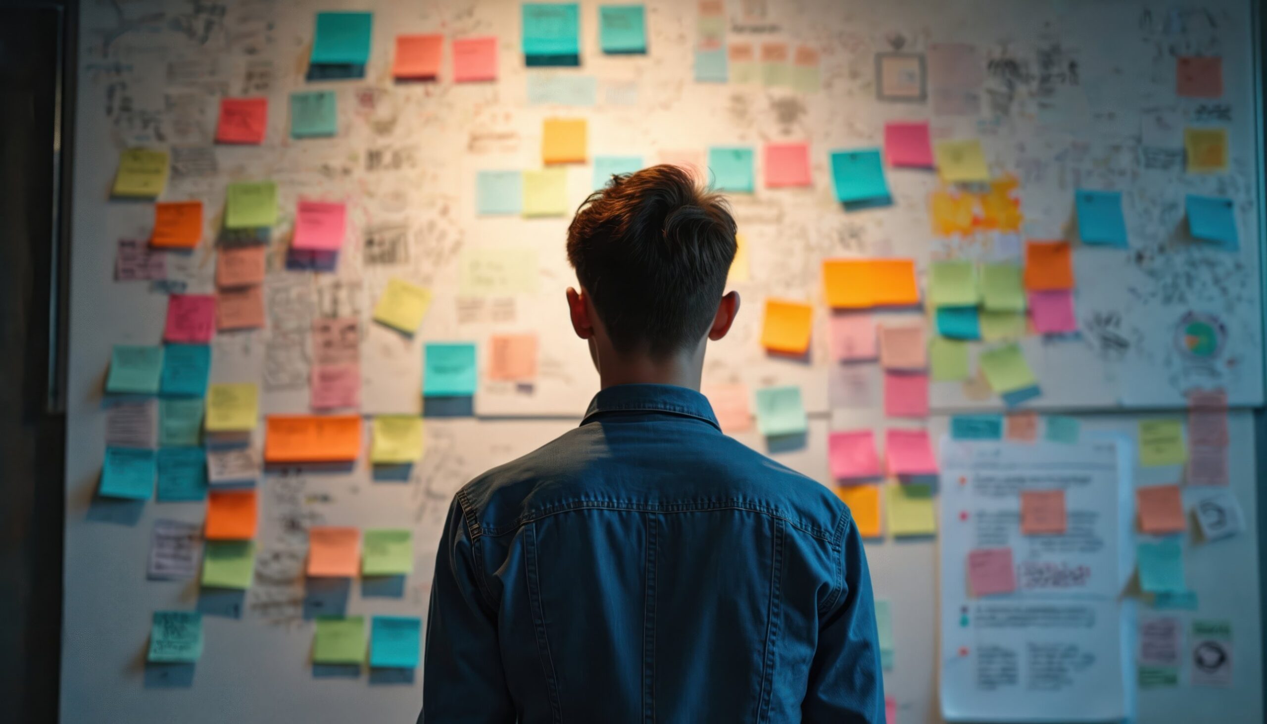 A person looking at a wall covered in colorful sticky notes and sketches