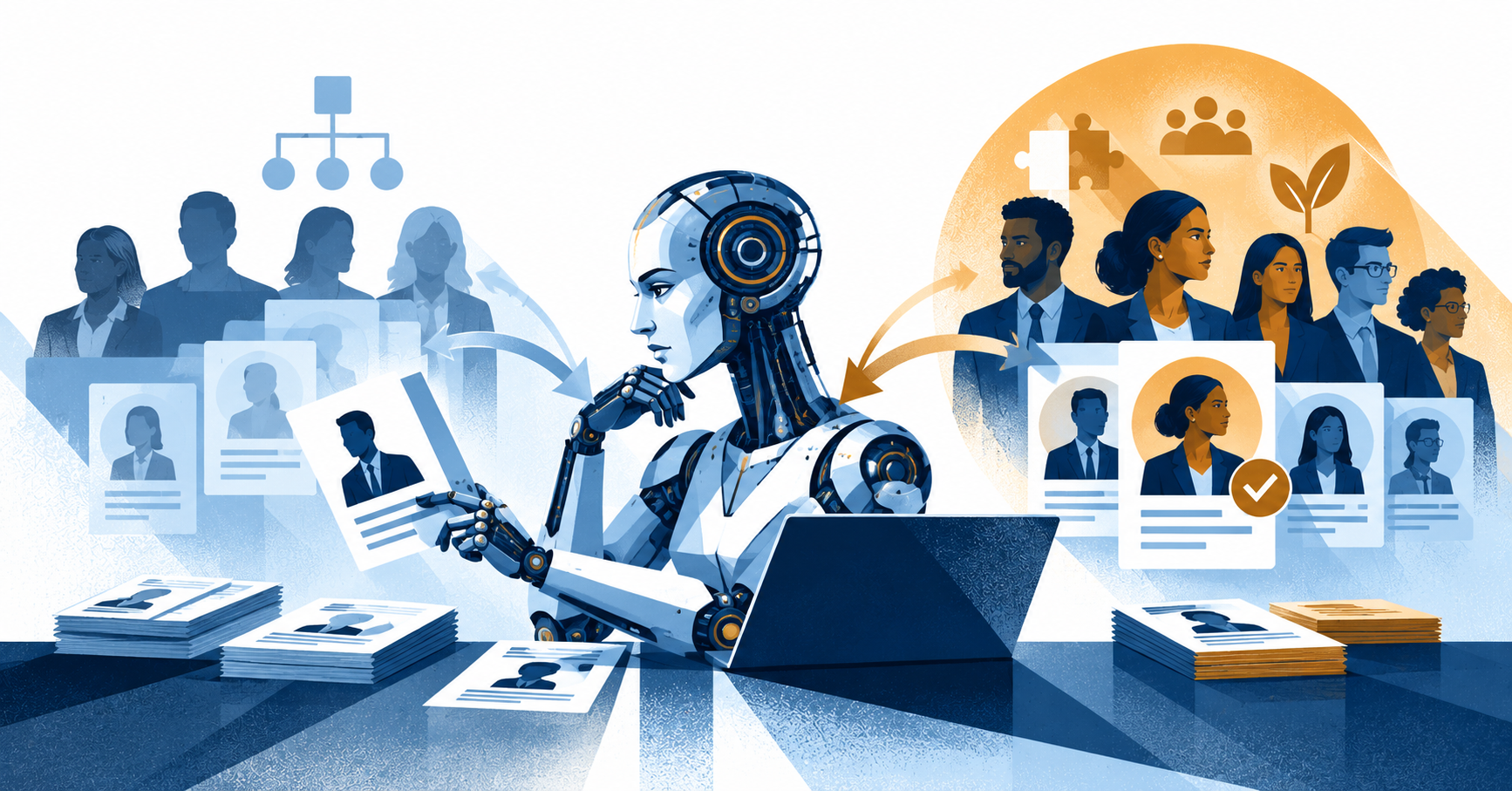 A robot sorting candidate profiles between a faded stack of resumes and a team of leaders highlighted in gold, illustrating two ways to use AI in succession planning