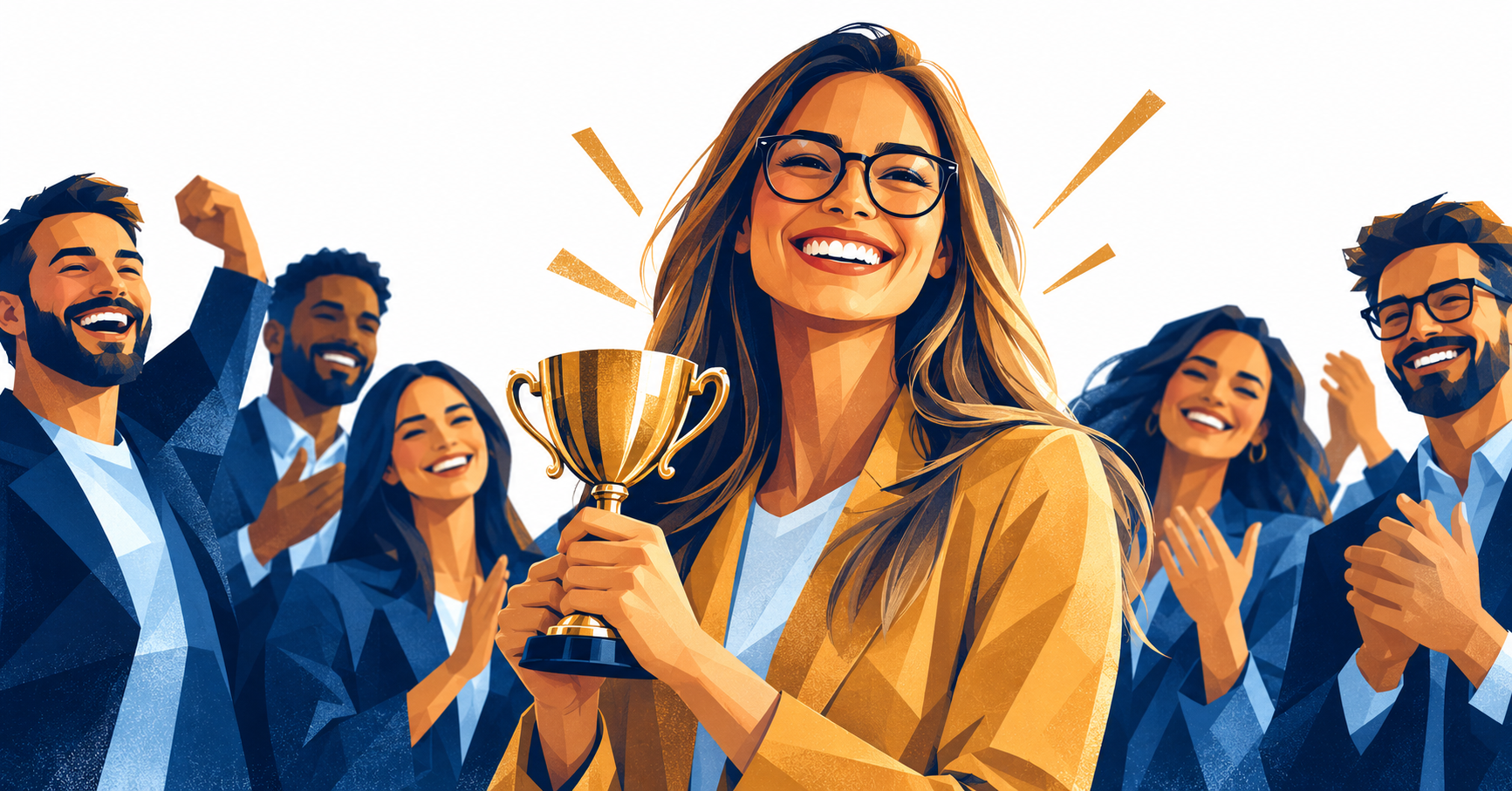 A smiling manager holding a gold trophy while her team cheers around her
