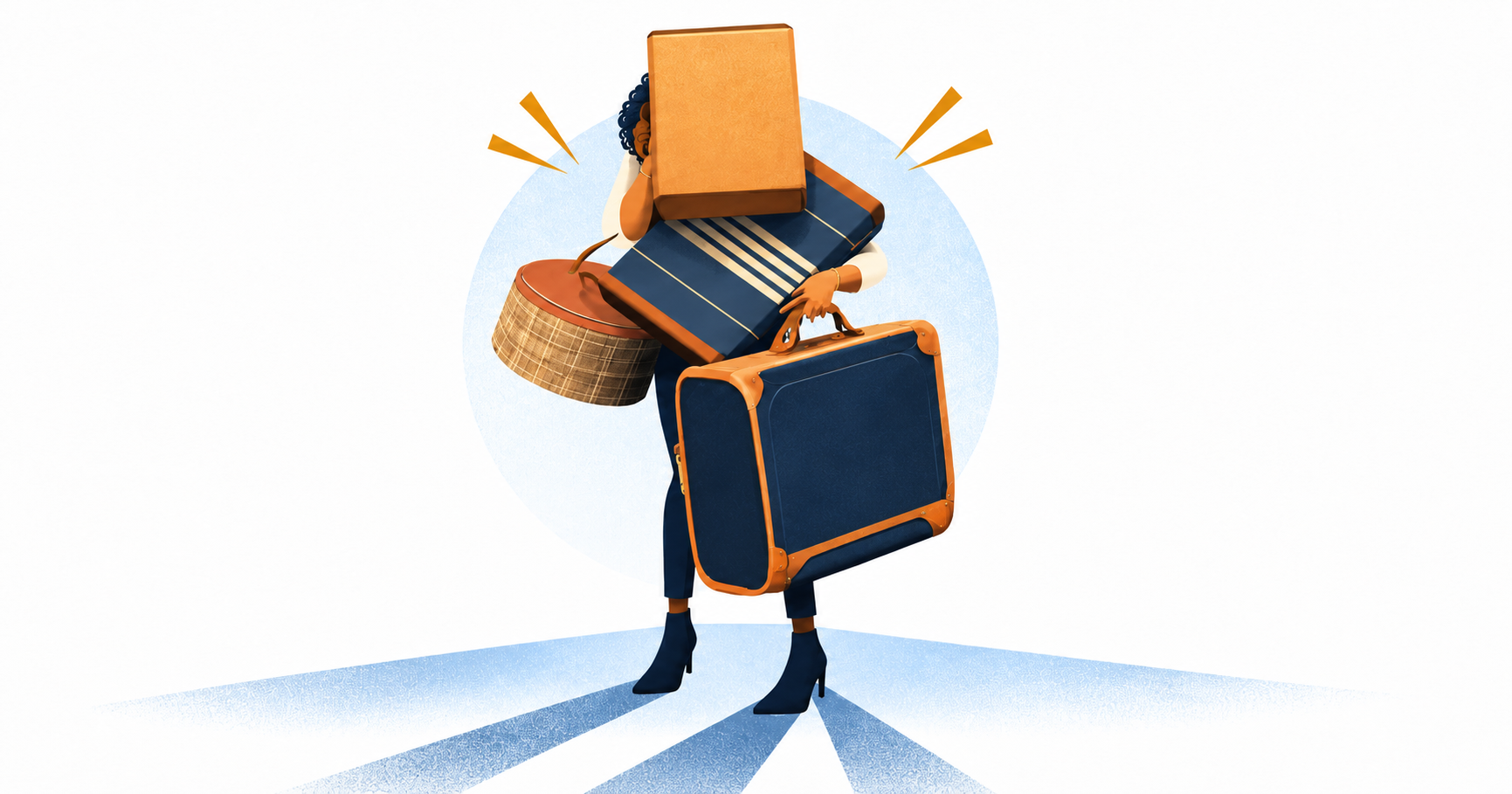 A woman carrying an armful of suitcases and boxes, leaving with everything she brought