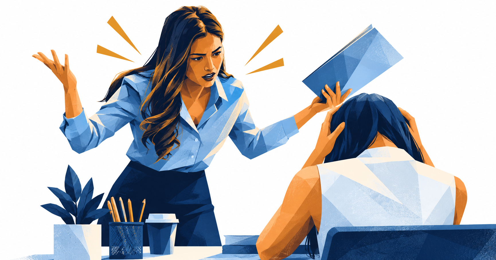 A frustrated leader standing over an employee who holds her head in her hands at her desk