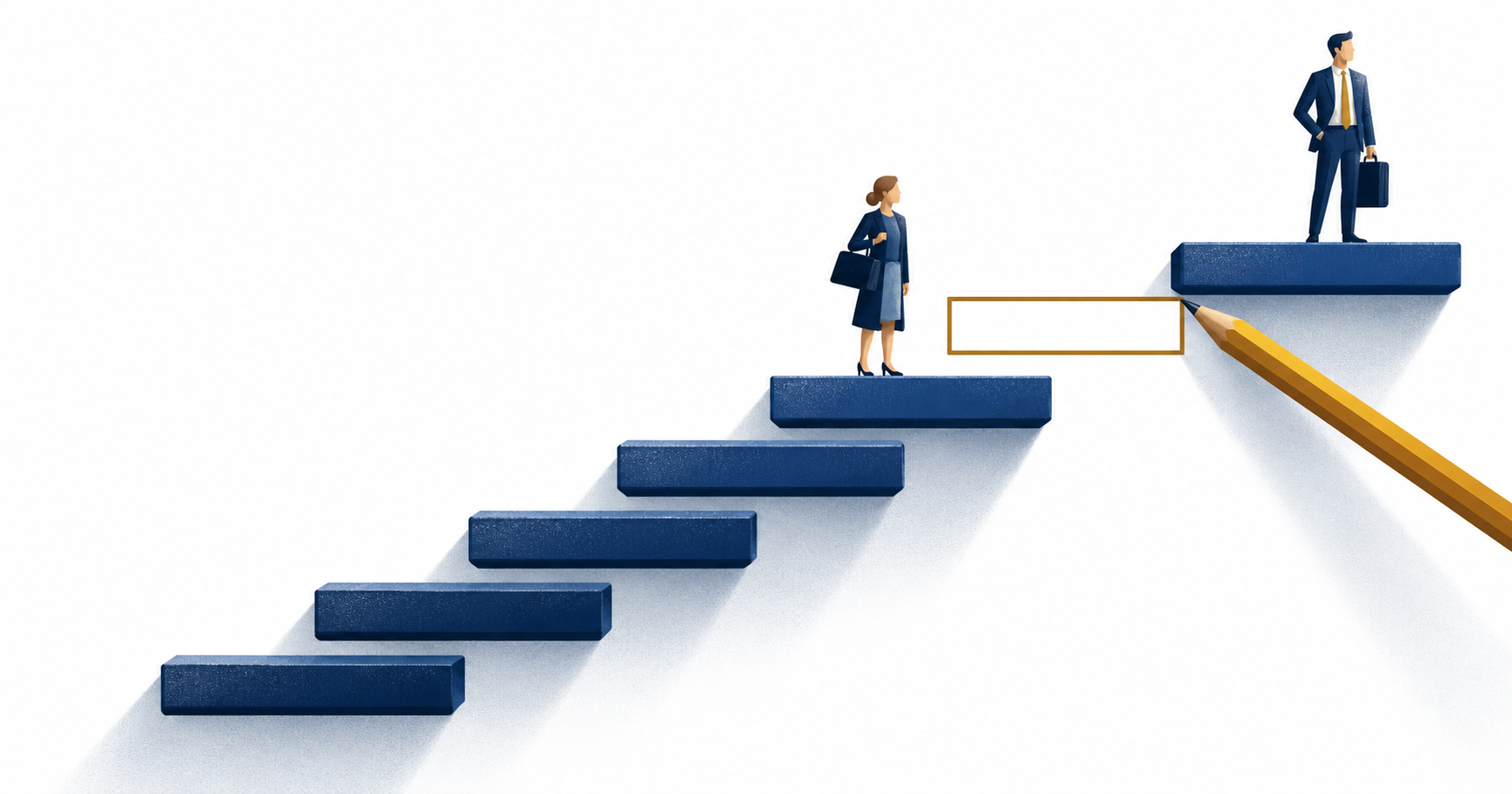 A woman at the top of a staircase facing a missing step being drawn in, illustrating the gap between what a company says and what it does