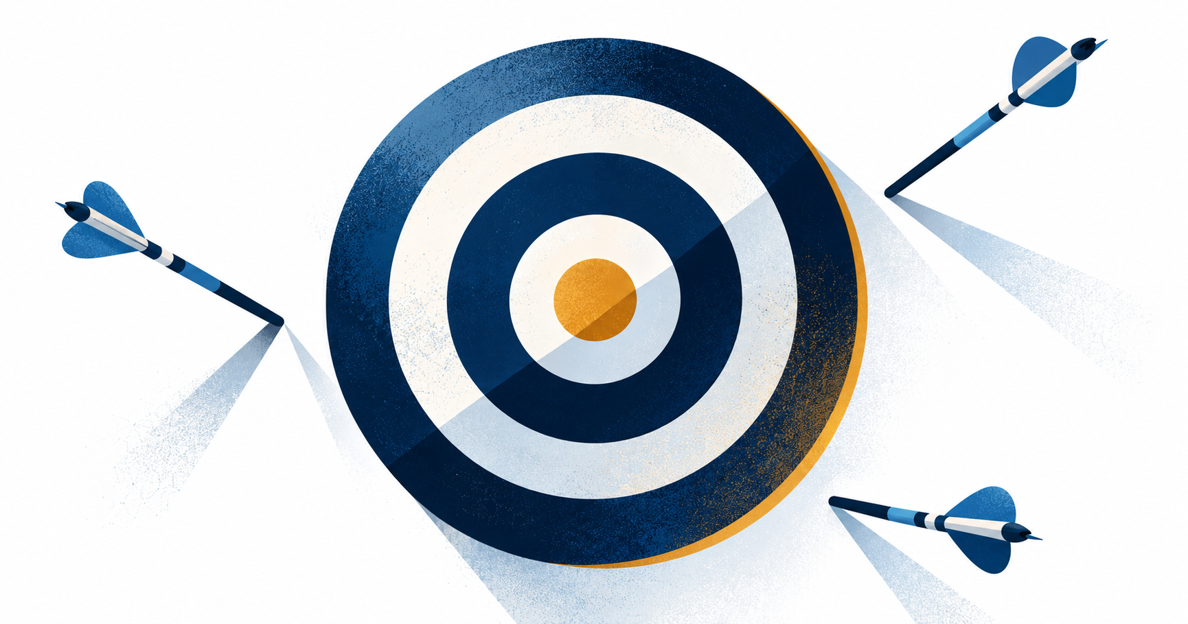Darts that missed a navy and gold target, illustrating performance reviews that miss what matters