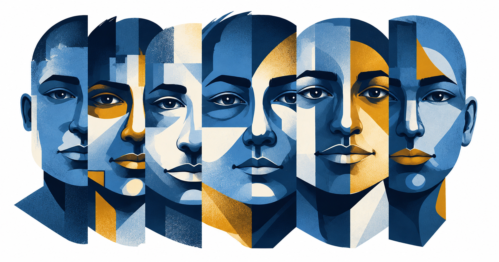 Six illustrated faces in blue and gold, each made of different shapes and shades, representing different company personalities