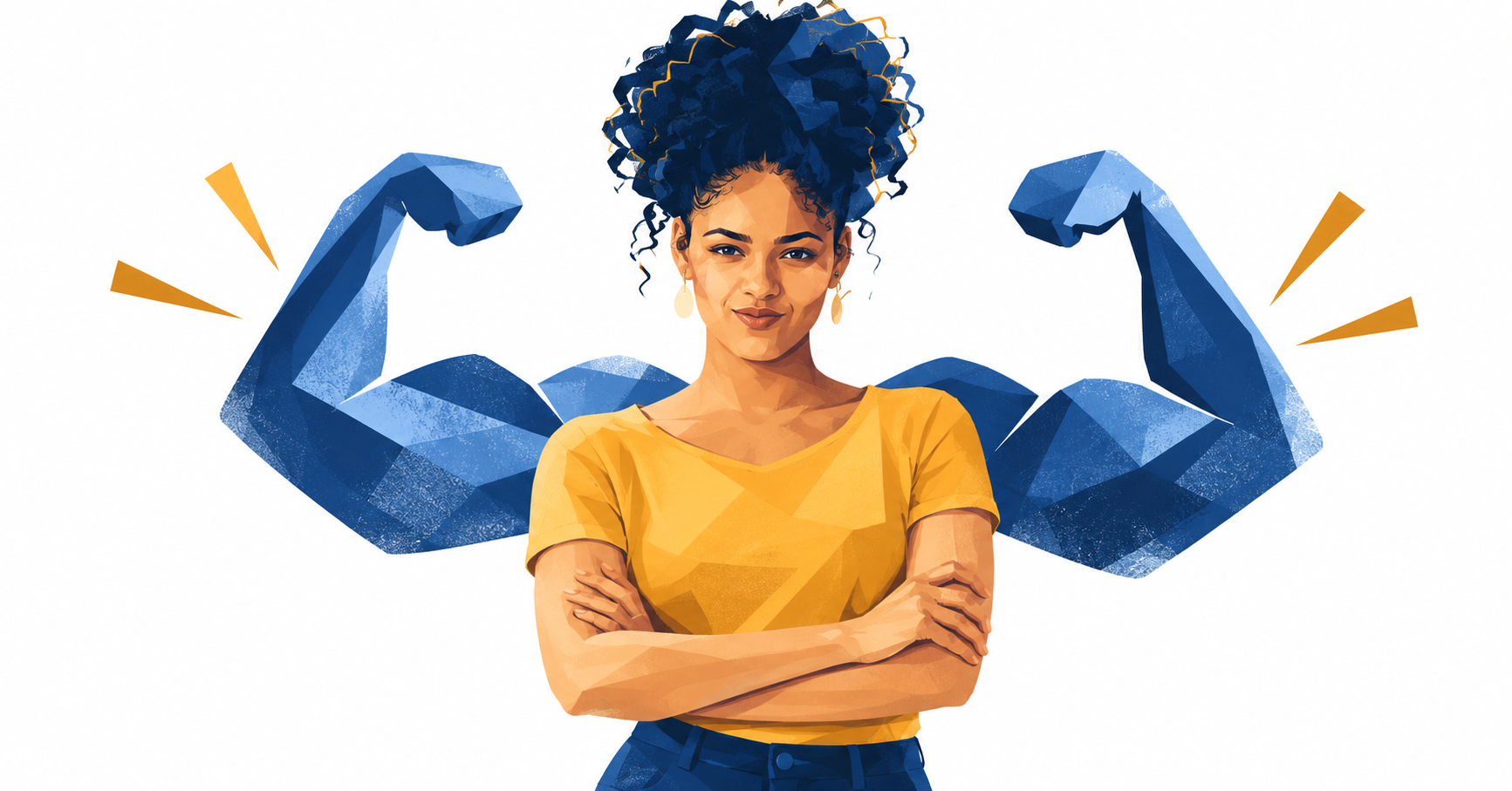 Confident woman with arms crossed in front of large flexed blue arms, representing a company strength that can grow too big