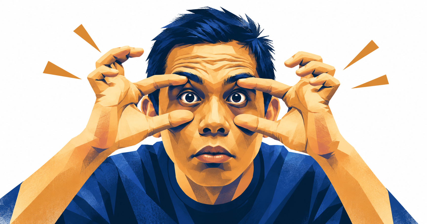 Man holding his eyes wide open with his fingers, representing values made visible as behaviors people can see