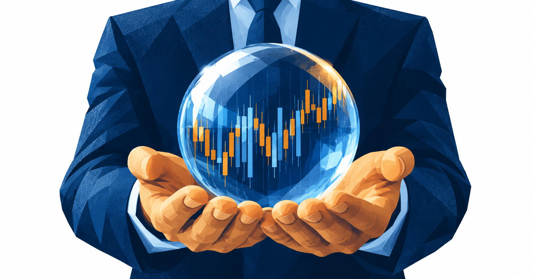 Hands in a business suit holding a crystal ball with a chart inside, representing predicting a good hire