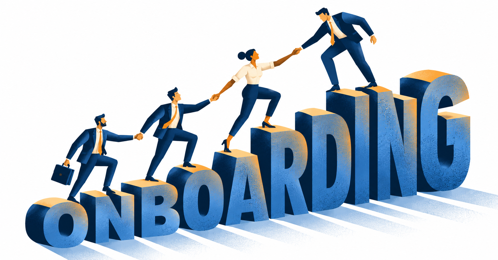 Coworkers helping each other climb up large letters spelling onboarding