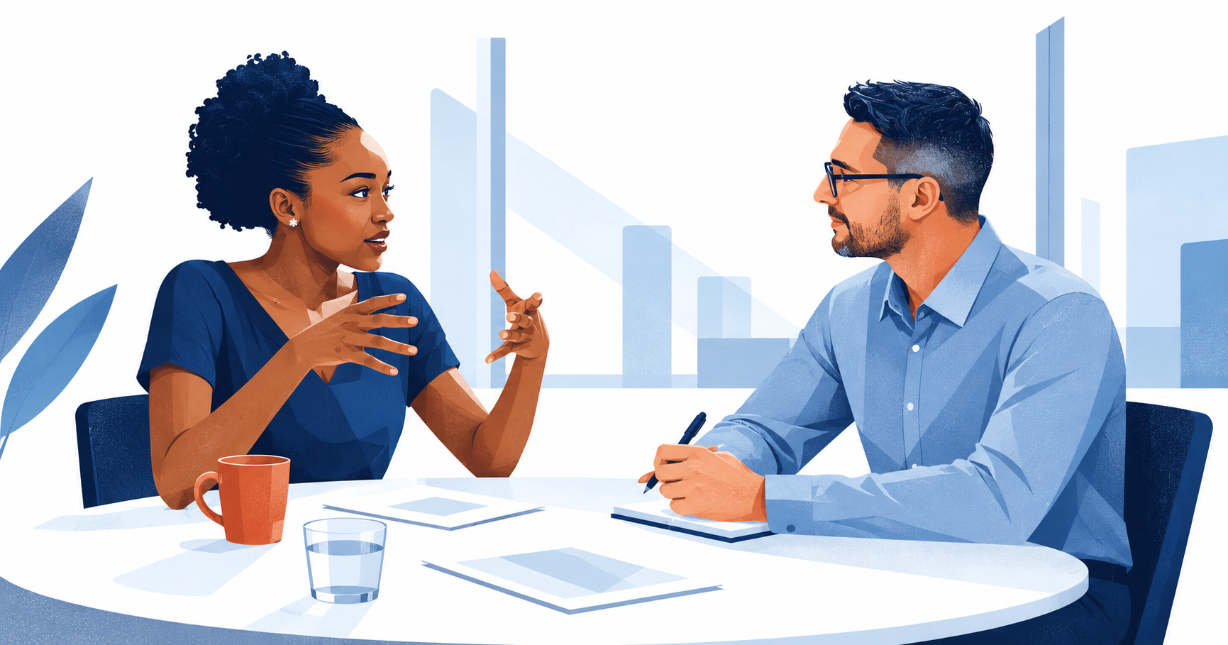 Employee talking while her manager listens and takes notes during a one-on-one performance conversation