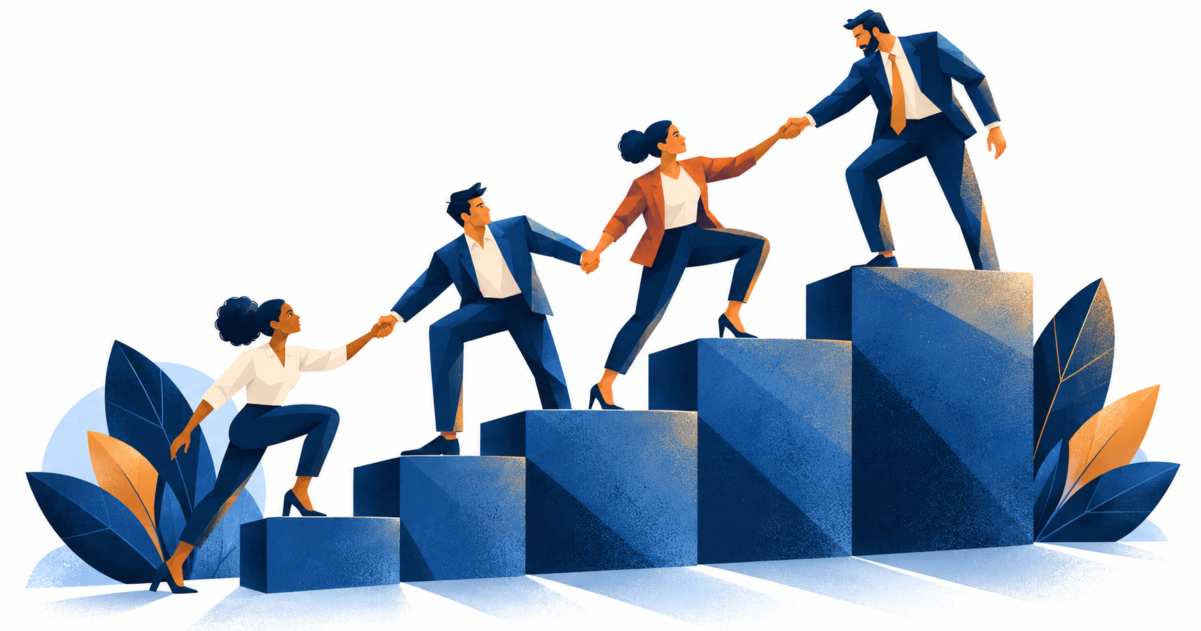 Colleagues helping each other climb up a series of rising steps, representing developing employees for the next level
