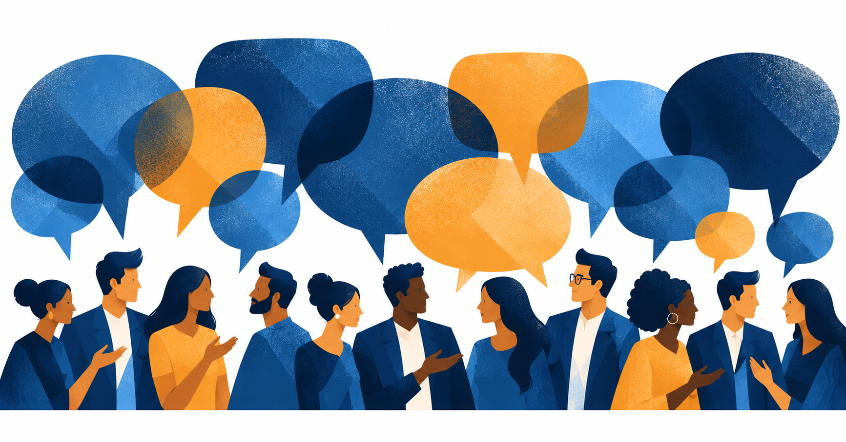 A group of coworkers talking under overlapping blue and gold speech bubbles