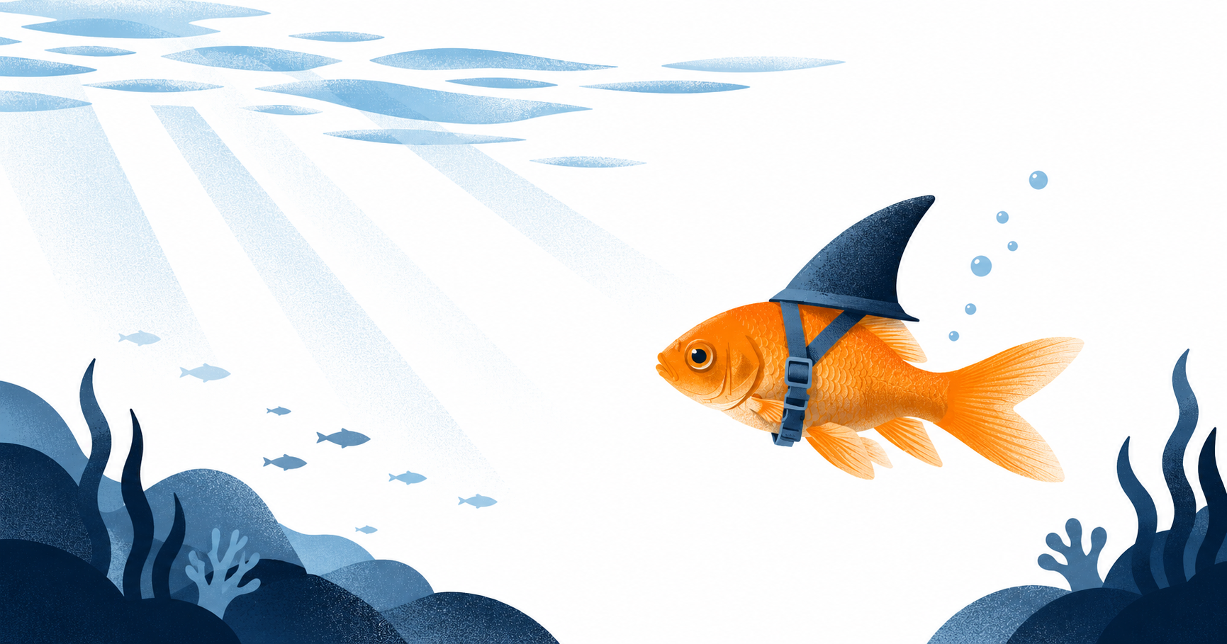 A goldfish wearing a strapped-on shark fin, representing potential judged by impressions instead of behavior