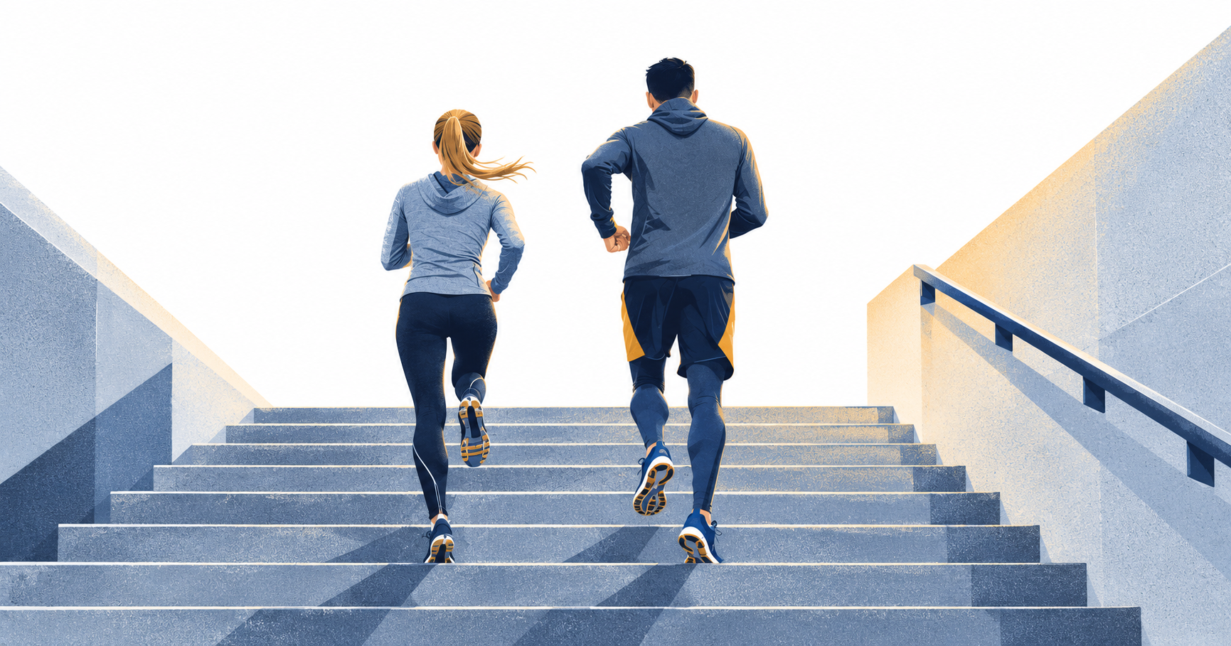 Two people running up a long flight of stairs side by side