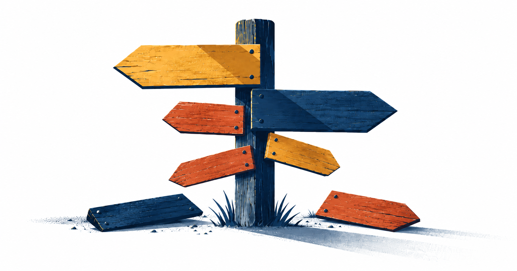 A wooden signpost with arrows pointing in different directions and two signs fallen on the ground, representing a culture starting to slip
