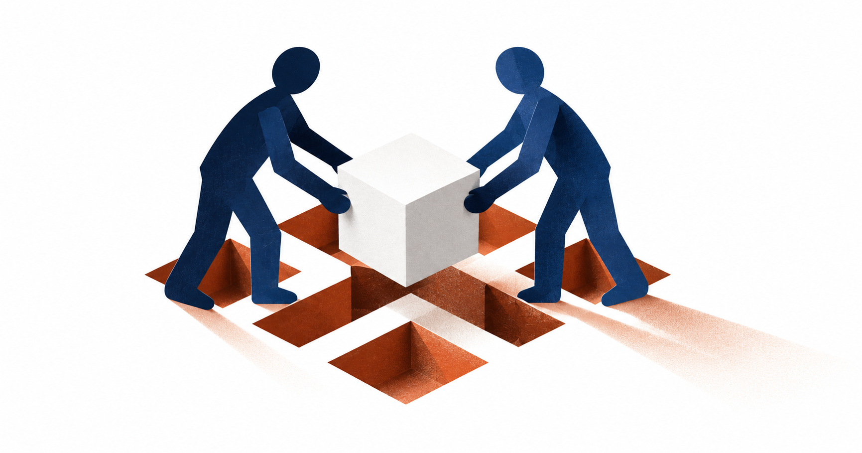 Two people carrying a box together over a floor full of open holes, representing shared ownership of company culture