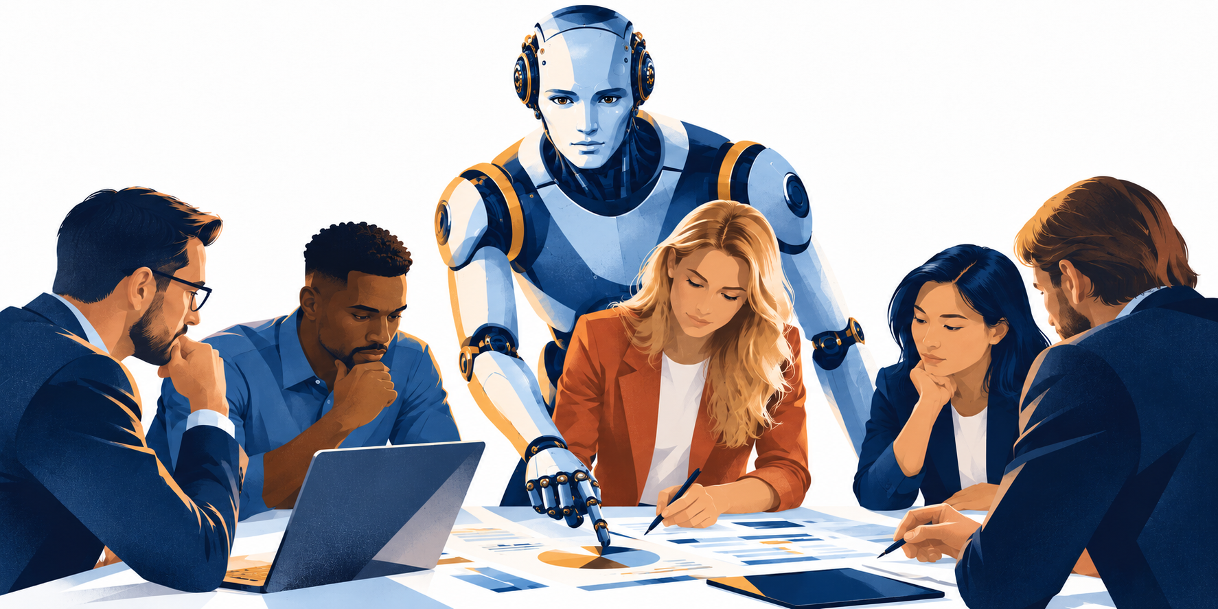 A team reviewing plans at a table while an AI robot points to a chart, representing redesigning work before deciding where AI belongs