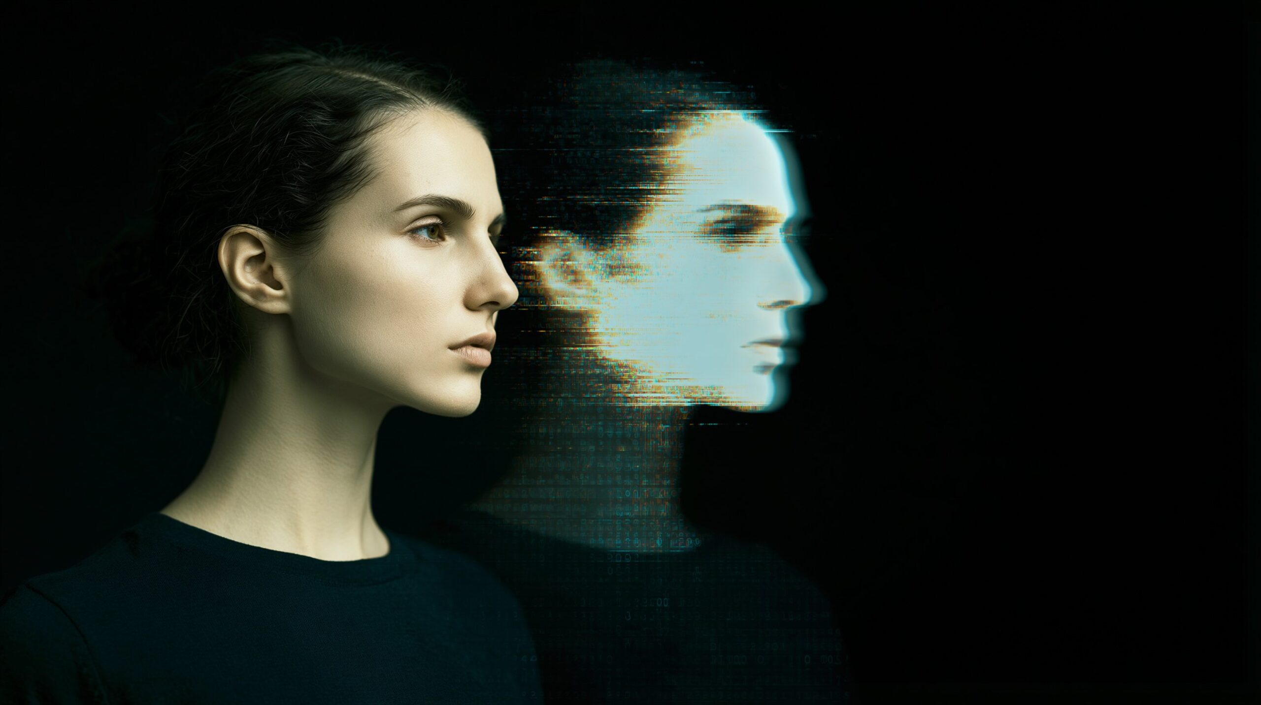 A woman in profile beside a blurred, glowing digital copy of her face