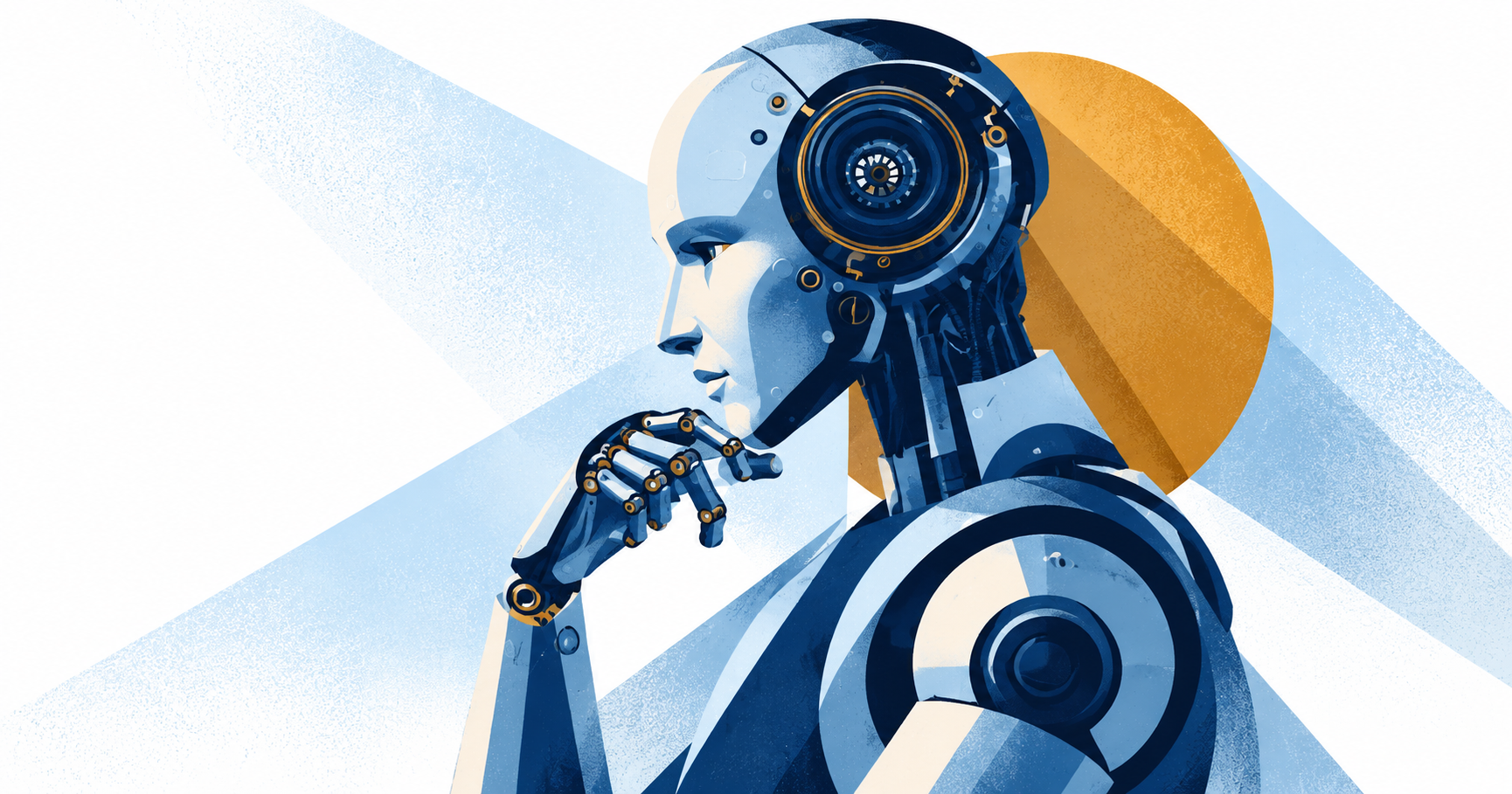 A thoughtful robot in profile with its hand on its chin, illustrating what AI can and cannot do for company culture