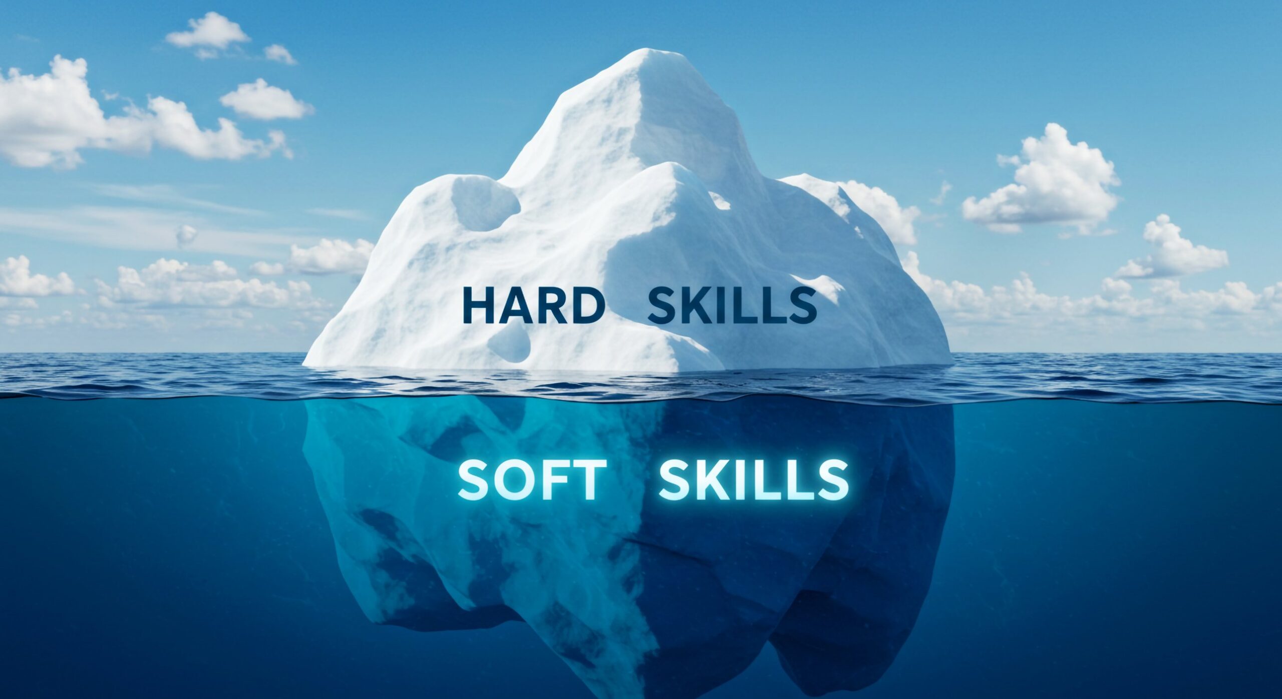 An iceberg with hard skills labeled above the waterline and soft skills on the larger part below it