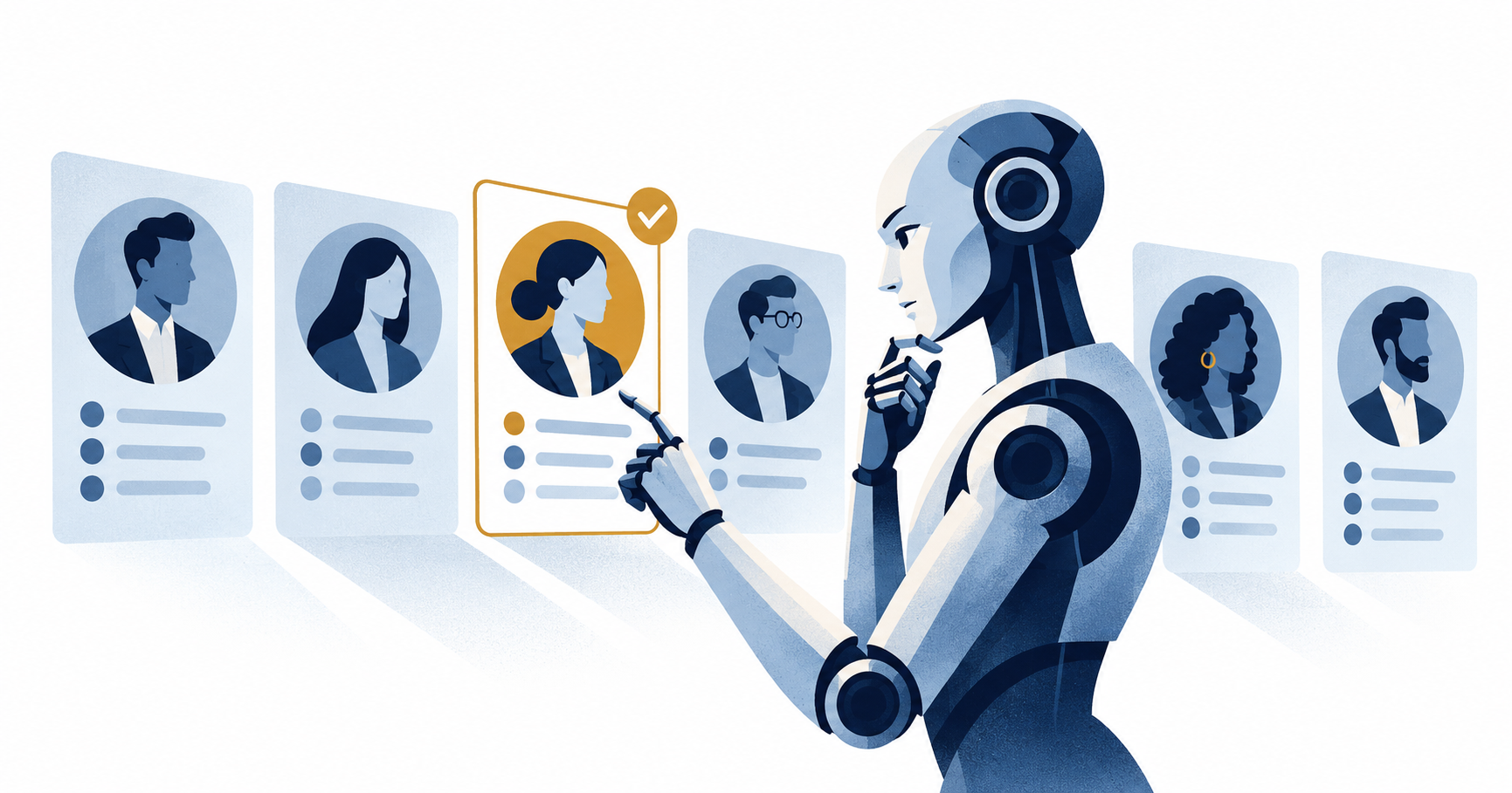 A robot reviewing a row of candidate profiles and selecting one, illustrating AI screening in the hiring process