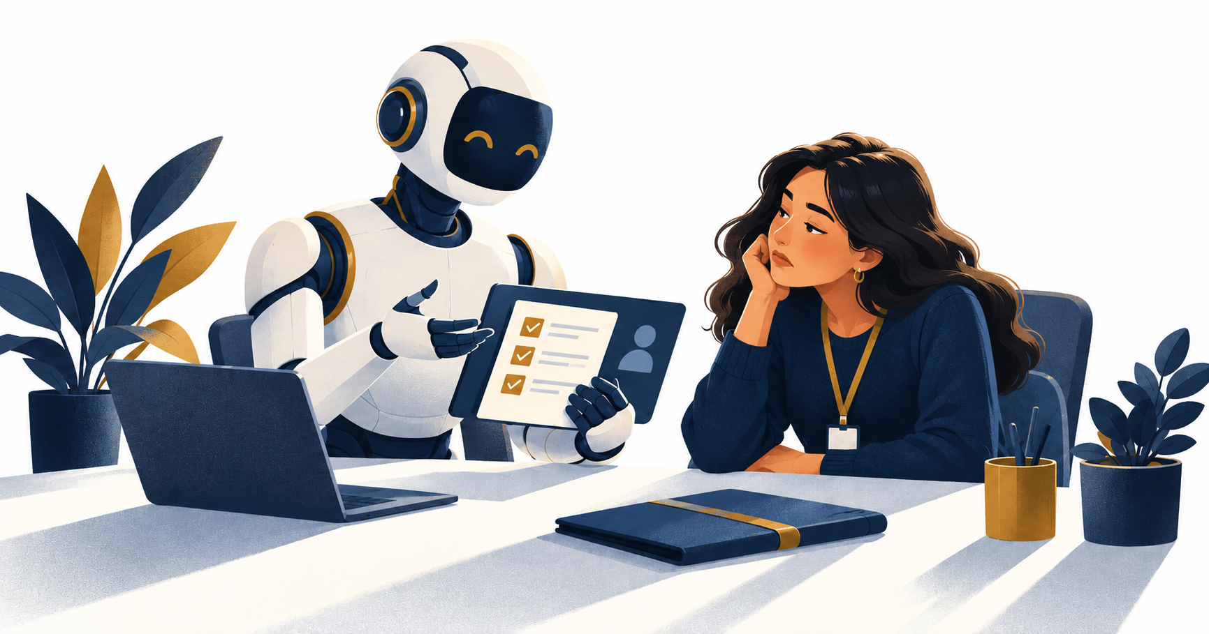A robot showing a checklist on a tablet to a new hire who looks disconnected, illustrating onboarding without a human element