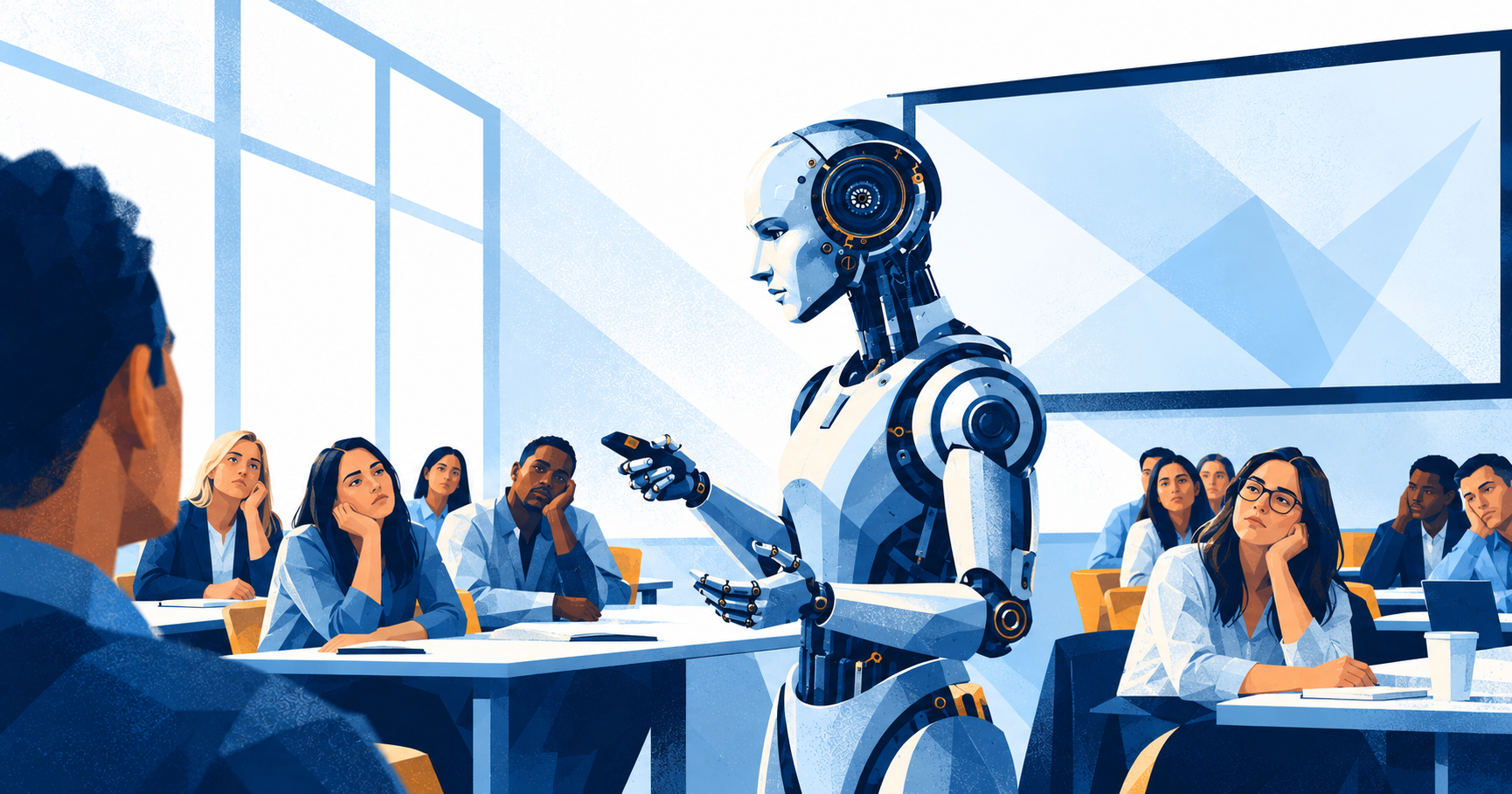A robot teaching a classroom of employees who look bored and disengaged, illustrating generic AI training