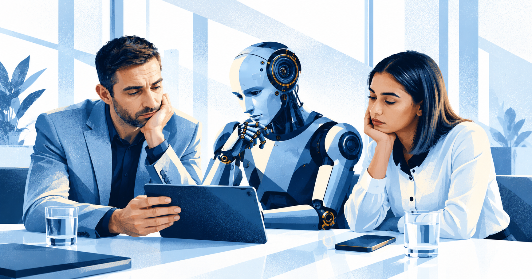 A manager, an employee and a robot looking at a tablet together during a performance review