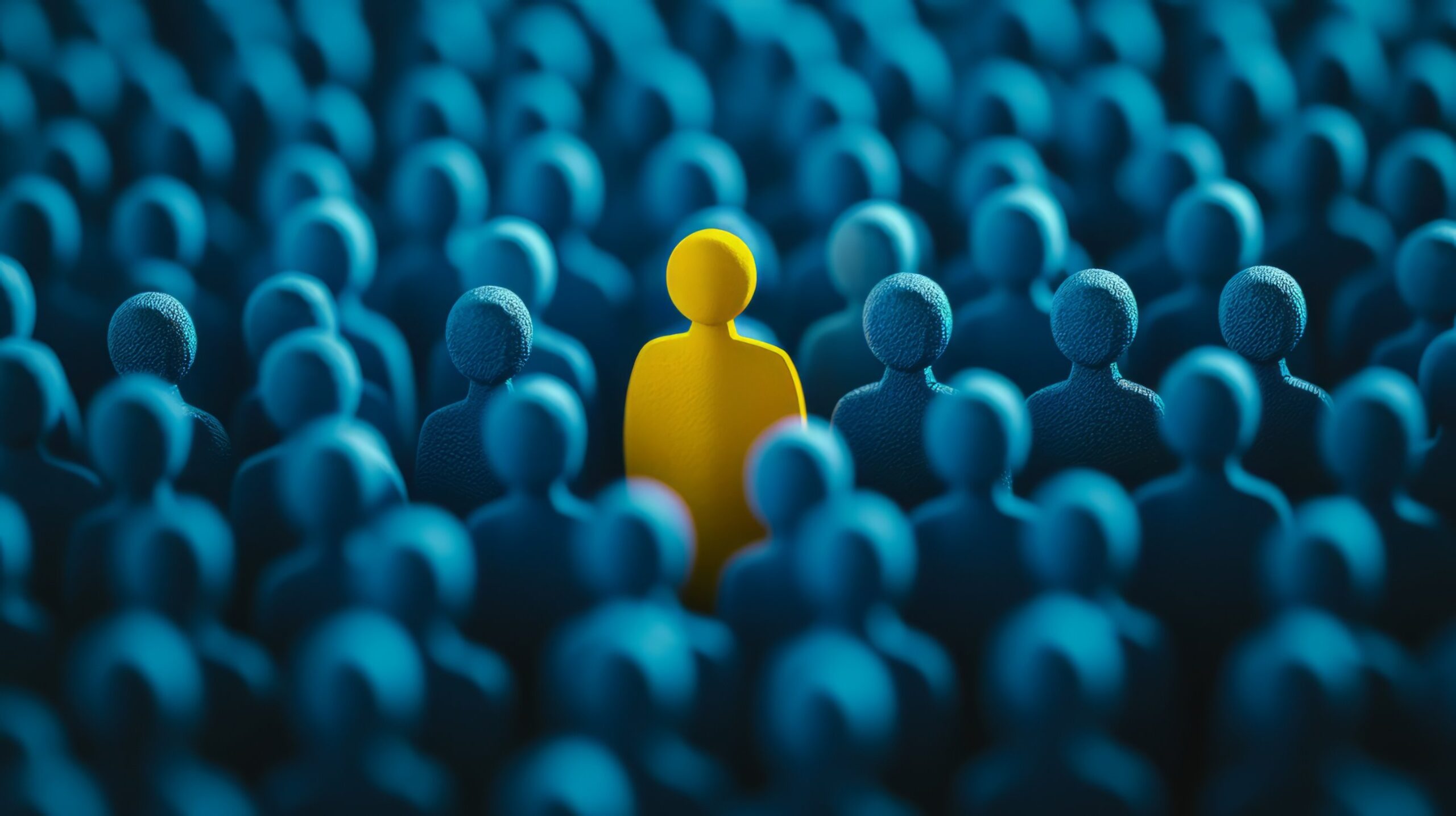 A single yellow figure standing out in a crowd of blue figures