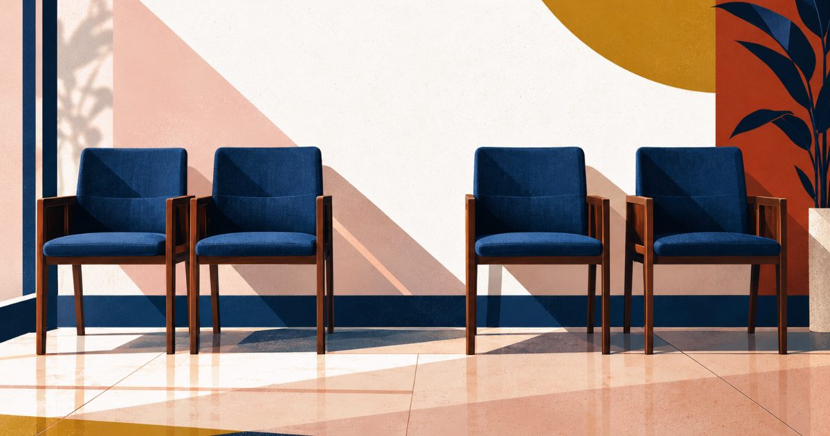 Illustration of four navy chairs against a sunlit wall with a gap in the row