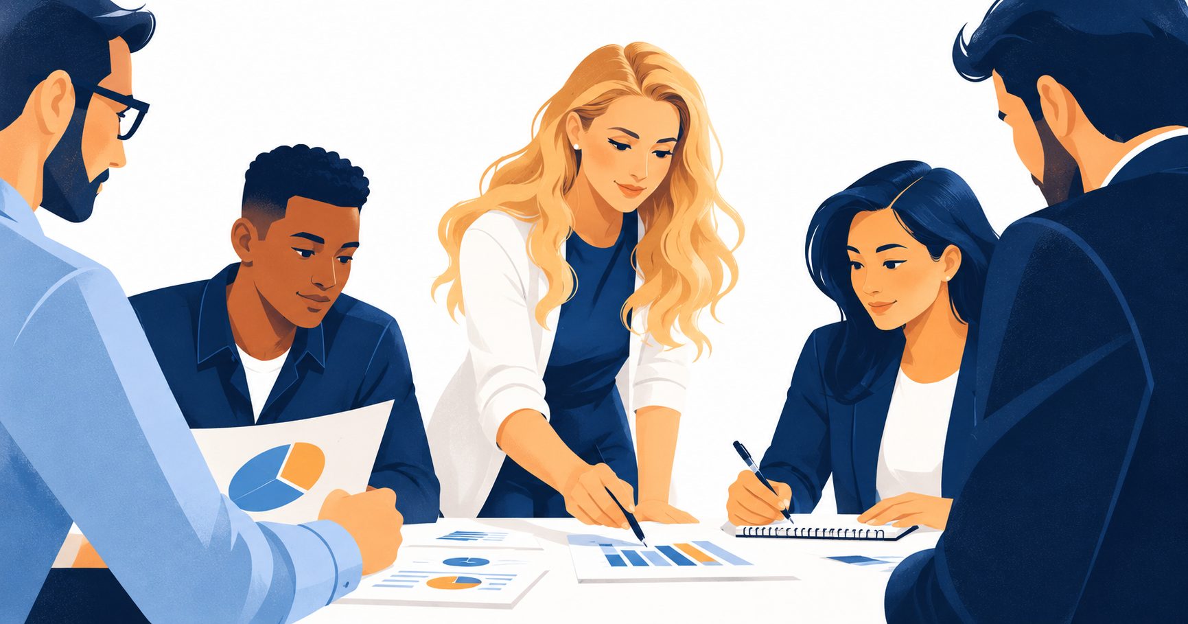 A team gathered around a table reviewing charts and reports together