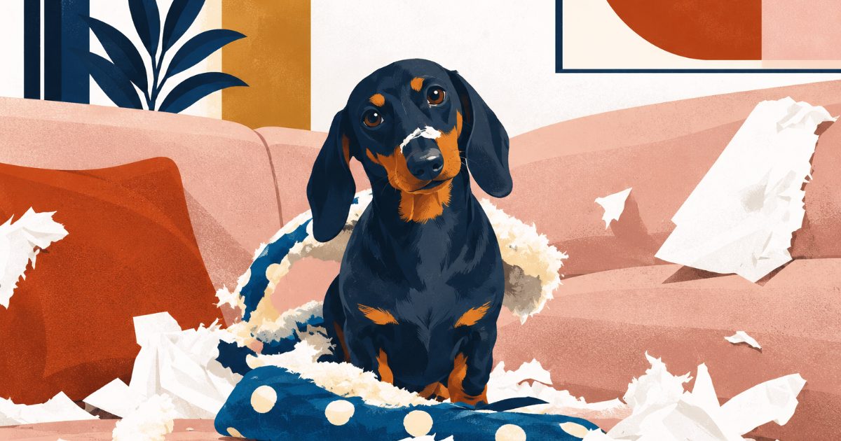 Illustration of a guilty-looking dachshund sitting on a couch surrounded by torn stuffing and paper